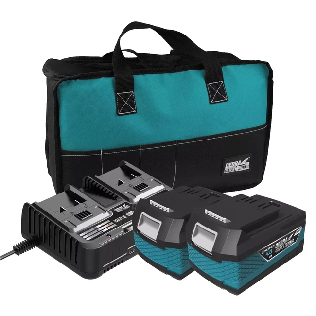 DEDRA SAS+ALL DED7030G04 STARTER KIT: 2X 4AH DED7034 BATTERY, DEDRA SAS DED7038V BATTERY CHARGER, DED7001A TOOL BAG