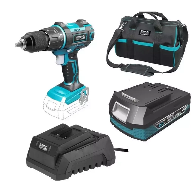 18V CORDLESS TOOL KIT, DEDRA SAS+ALL DED7019 DRILL/DRIVER 50NM, 13MM WITH IMPACT FUNCTION, 2.0AH BATTERY, CHARGER, 16" BAG