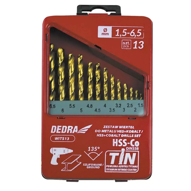 DEDRA WITS13 HSS+COBALT+TIN METAL DRILL BIT SET, 135°, 13PCS