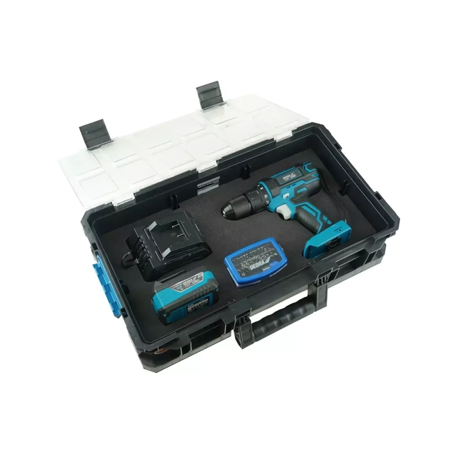 DEDRA SAS+ALL TOOL SET, DRILL/DRIVER DED7042, BATTERY 4AH DED7034, CHARGER DED7038, BIT SET 18A11S032, SPONGE BOX N0303G