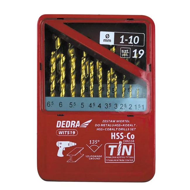 DEDRA WITS19 HSS+COBALT+TIN METAL DRILL BIT SET, 135°, 19PCS